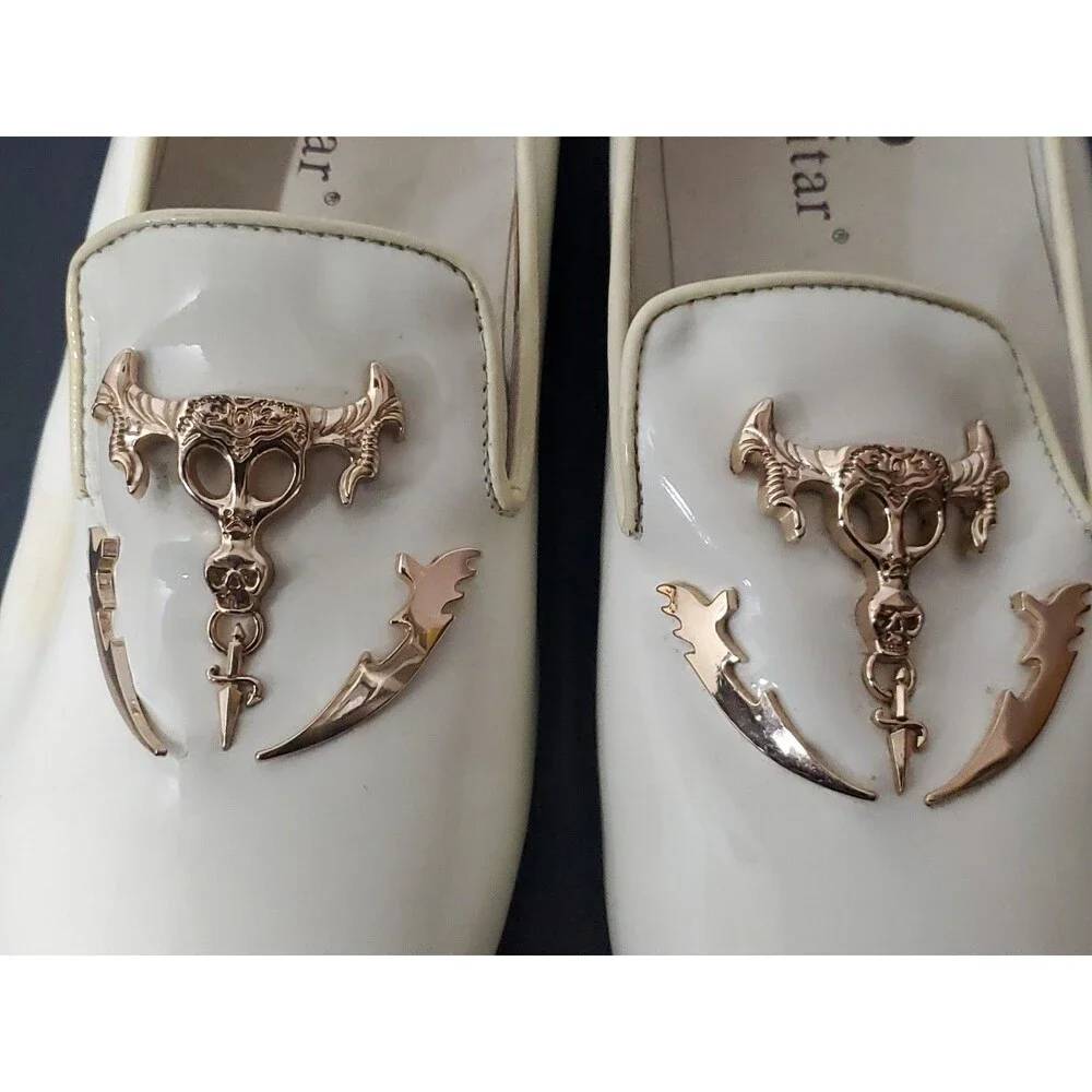 Piergitar 8.5 White/Cream Skull Gold Accents Men's Dress Shoes Patent Leather